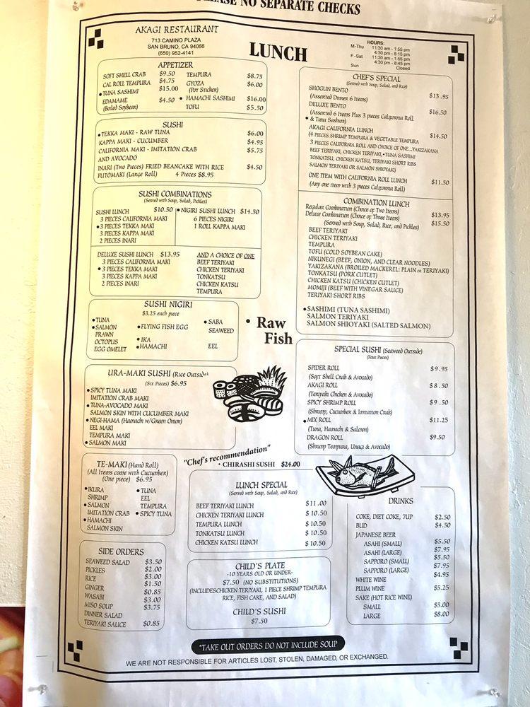 Menu at Akagi Restaurant, San Bruno