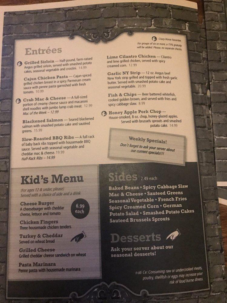 Menu at Crazy Horse pub & bar, Bloomington