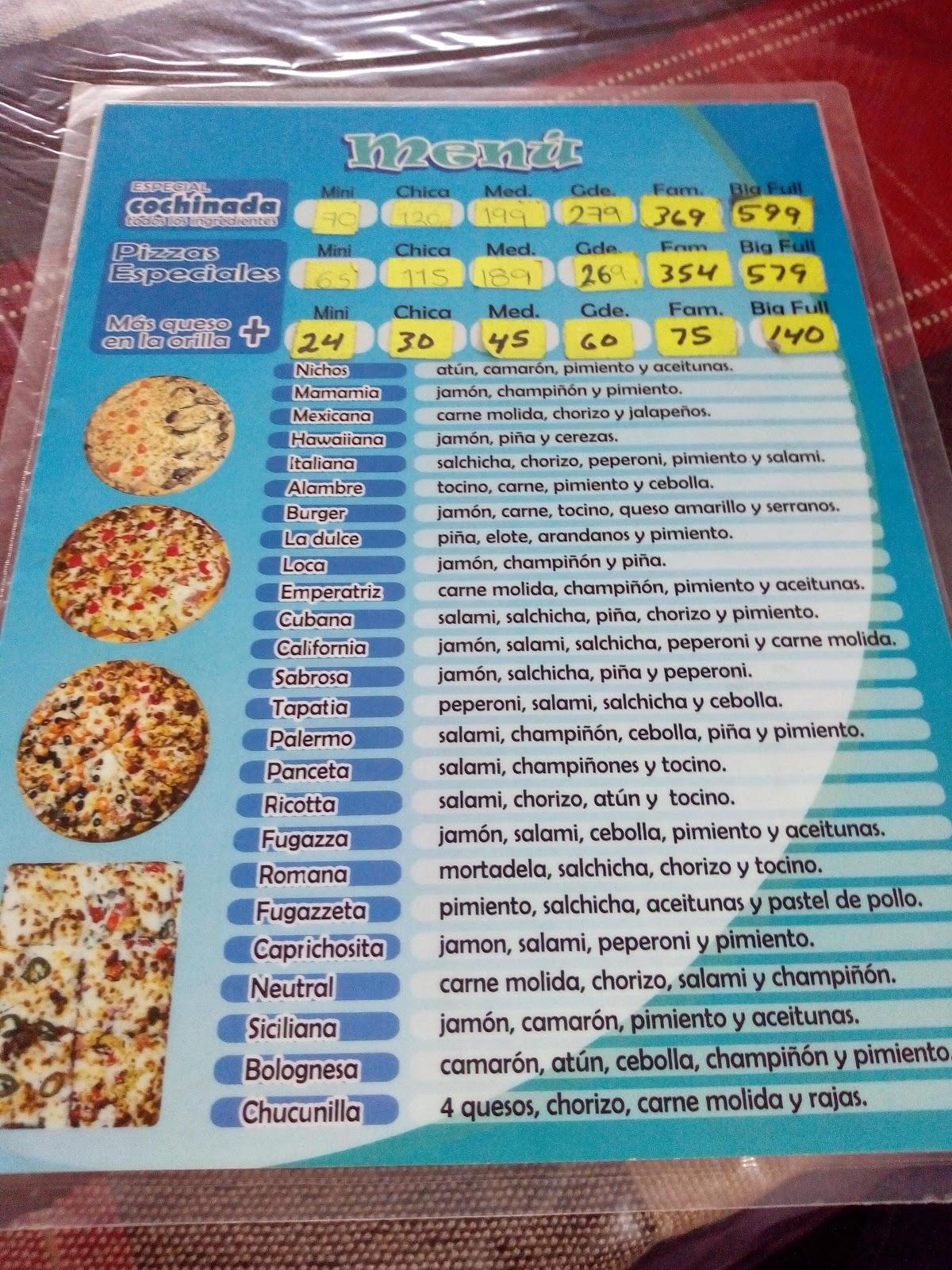 Menu at Nichos's Pizzería, Morelia, Av Francisco I. Madero Pte 1568