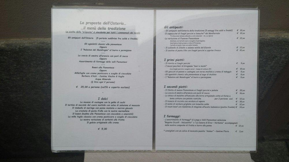 Menu at Osteria della Luna in Brodo restaurant, Alessandria