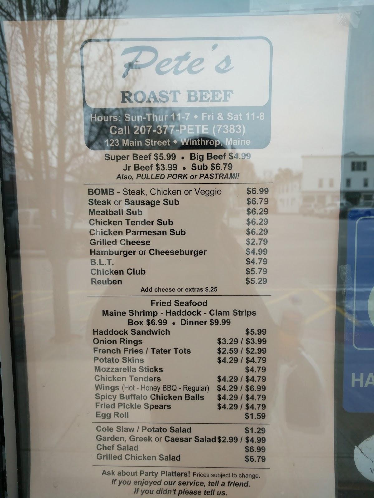Menu at Winthrop Roast Beef restaurant, Winthrop