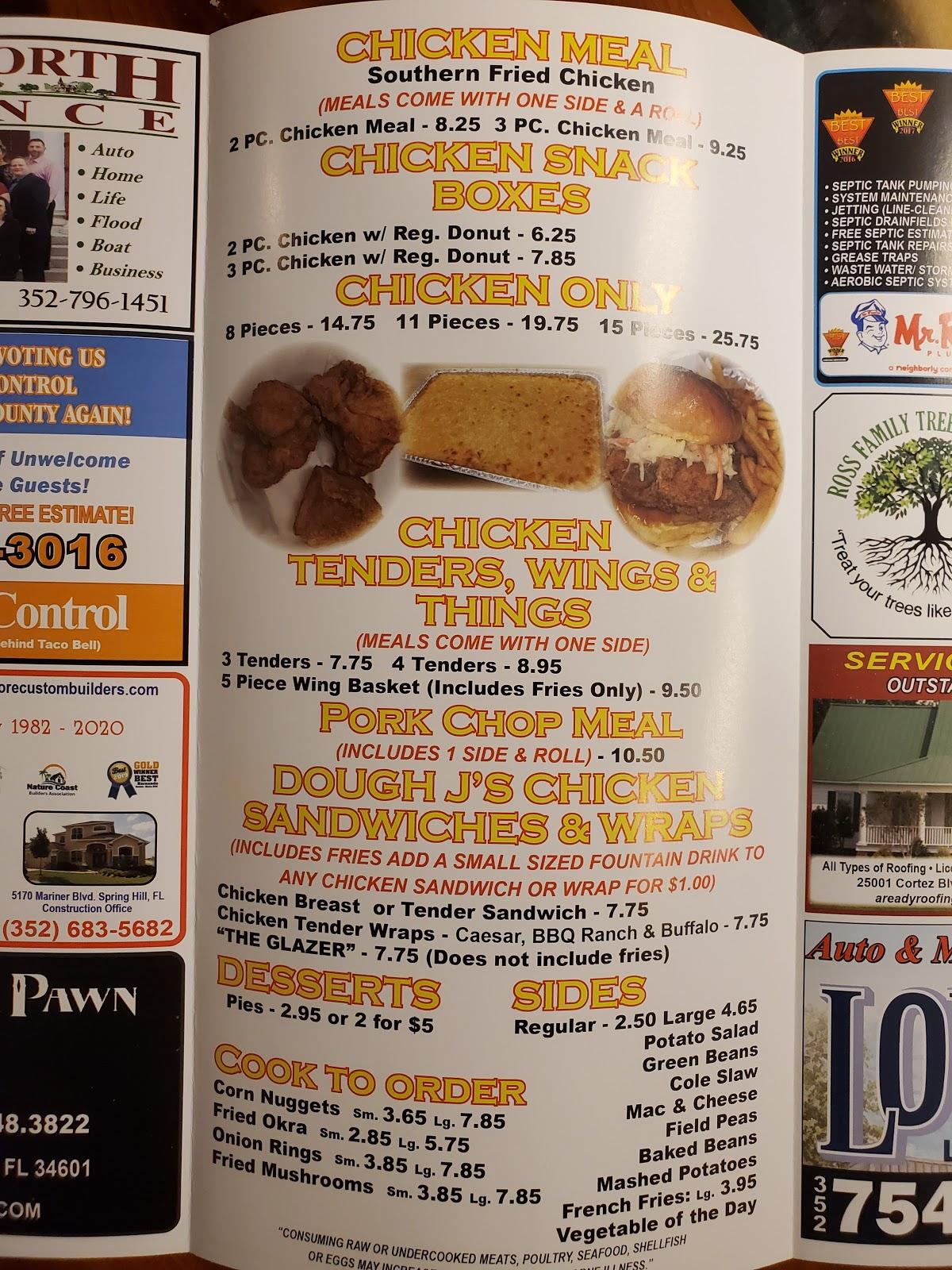 Menu at DoughJ's Chicken and Donuts restaurant, Brooksville