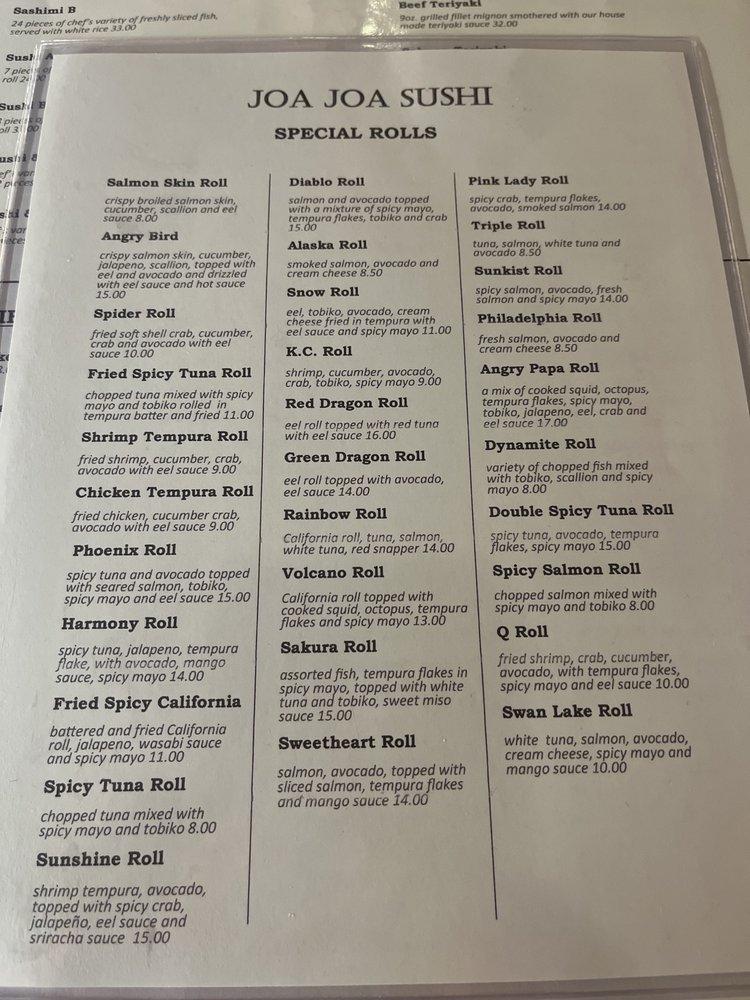 Menu at Joa Joa Sushi restaurant, Vails Gate