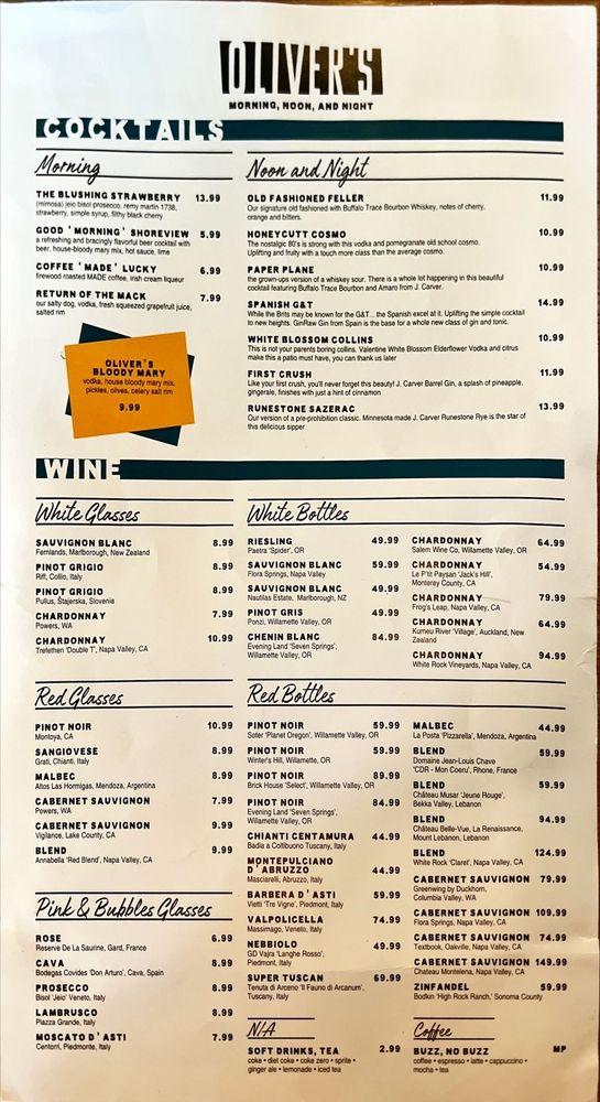 Menu at Oliver's pub & bar, Shoreview