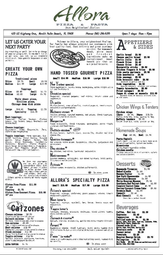 Menu at Allora Pizza & Pasta pizzeria, North Palm Beach