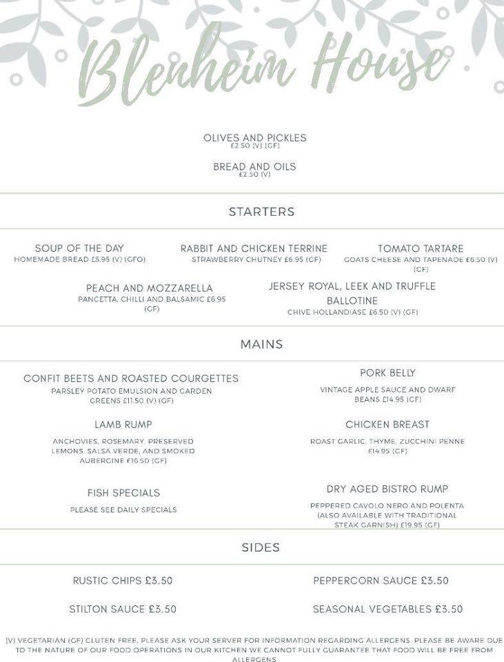 Menu at Blenheim Inn restaurant, Derby