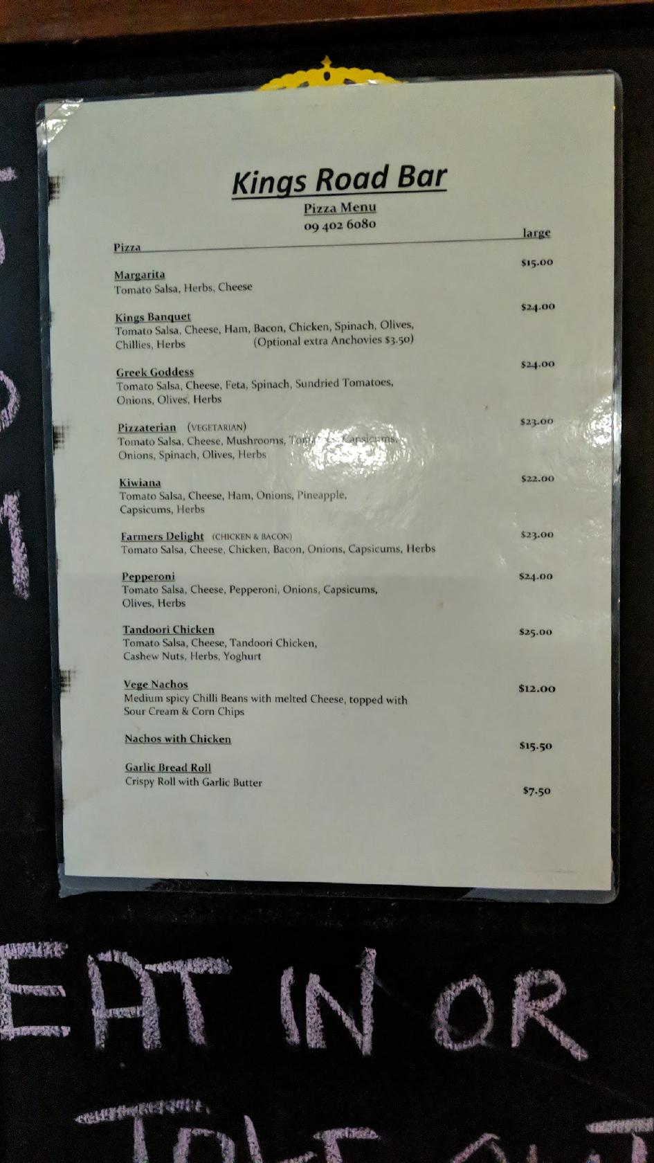 Menu at King's Road Bar And Pizza, Paihia