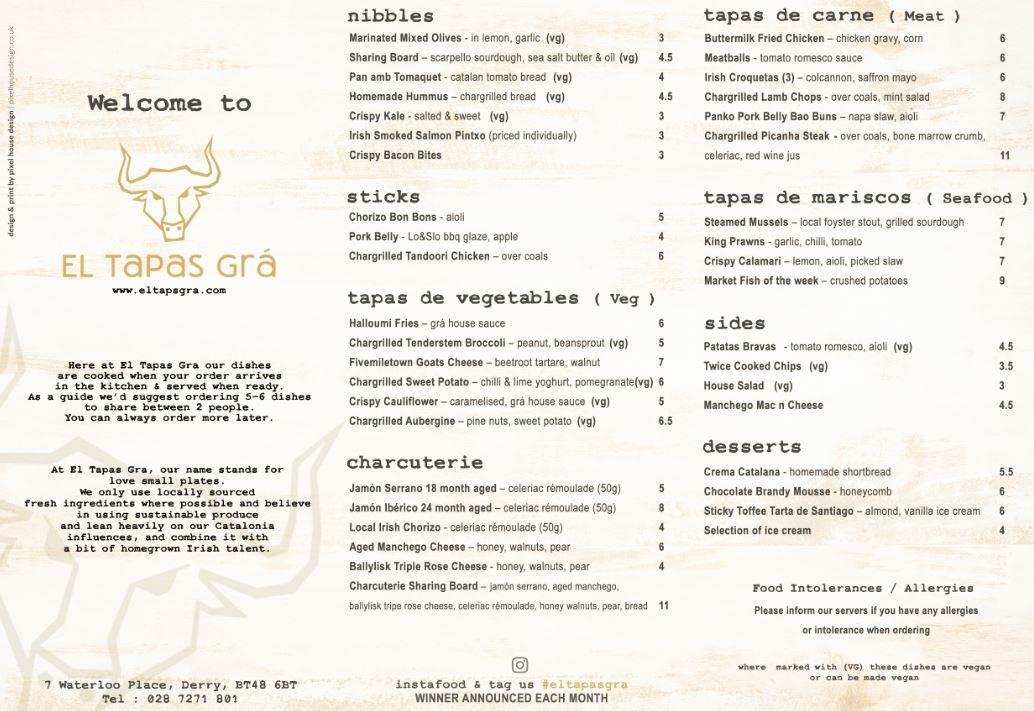 Menu at El Tapas Grá restaurant, Londonderry