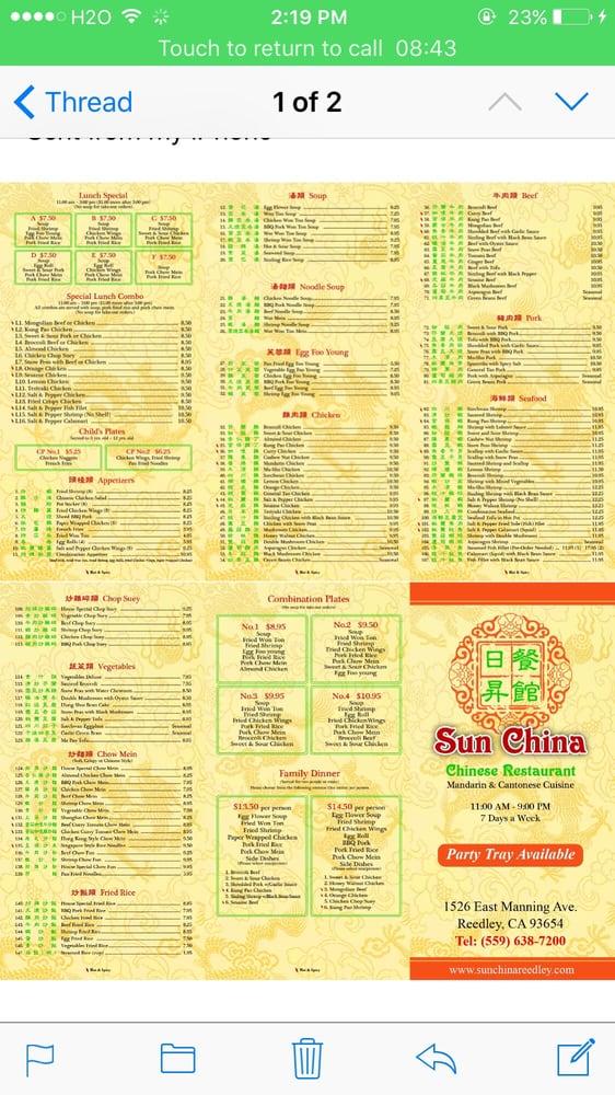 Menu At Sun China Chinese Restaurant Reedley