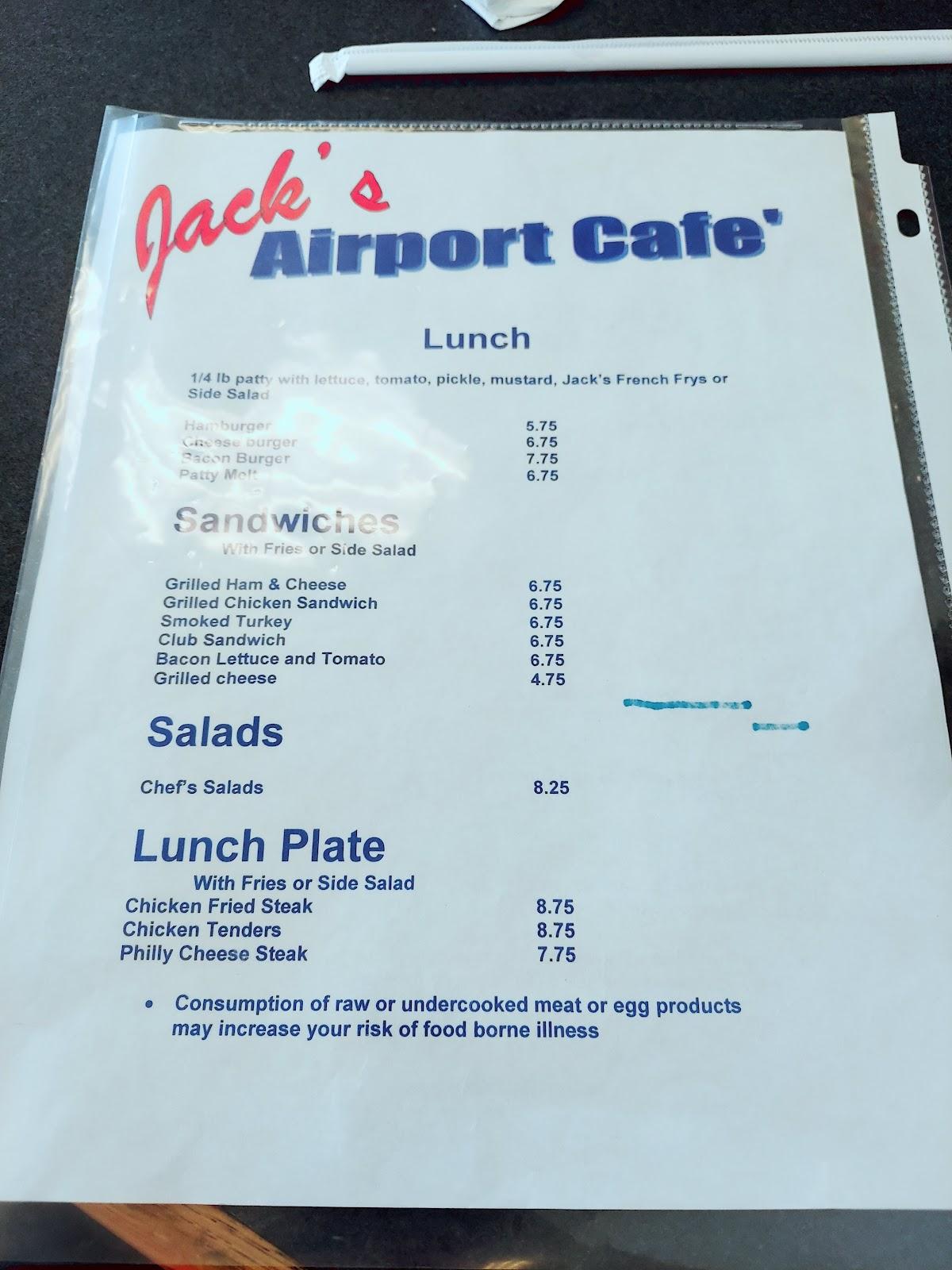 Menu at Jack's Airport Cafe, Lancaster