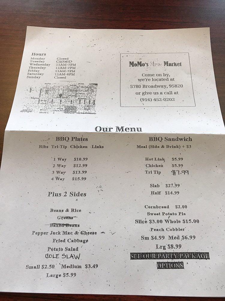 Menu at Momo's Meat Market BBQ, Sacramento