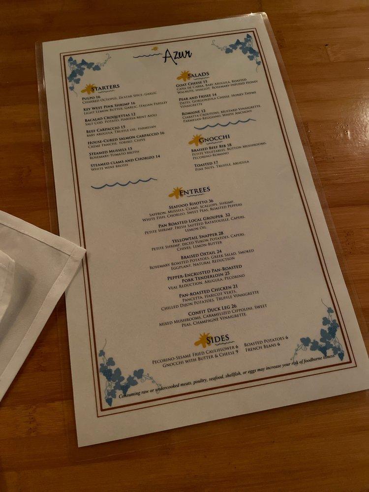 Menu at Azur Restaurant, Key West
