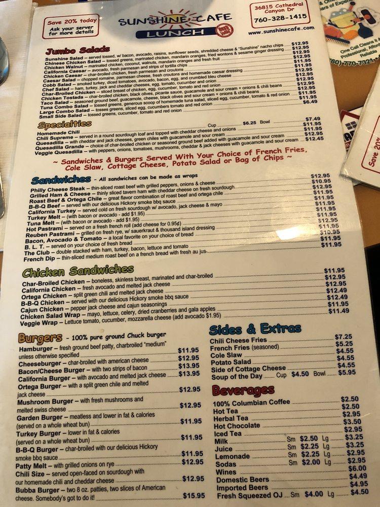 Menu at Sunshine Cafe, Cathedral City, Cathedral Canyon Dr