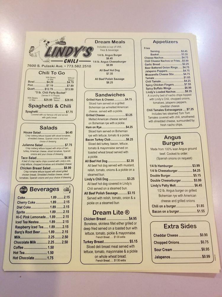 Menu at Lindy's Chili & Gertie's Ice Cream restaurant, Chicago, S