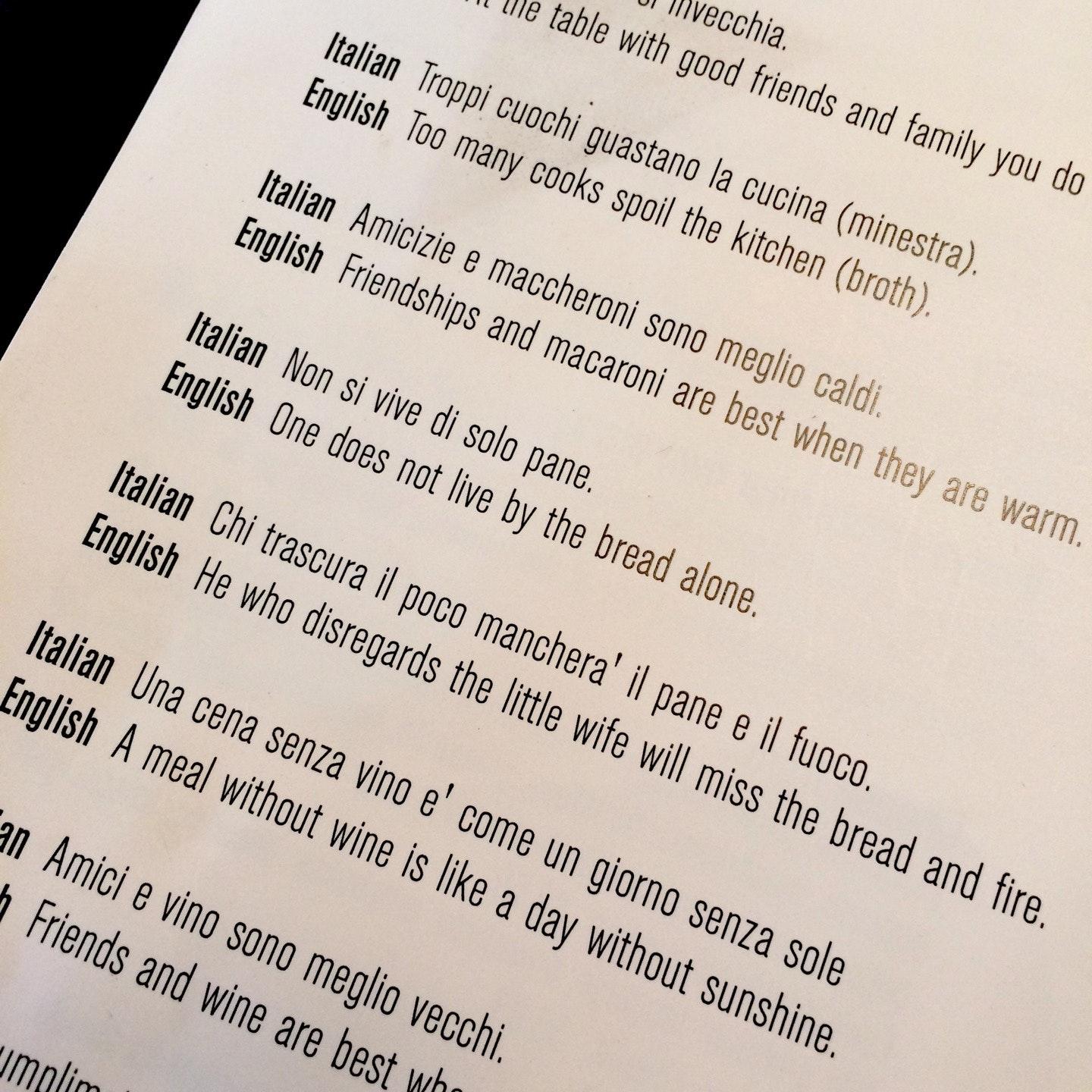 Menu at My Cousin Vinny's steakhouse, Niagara Falls
