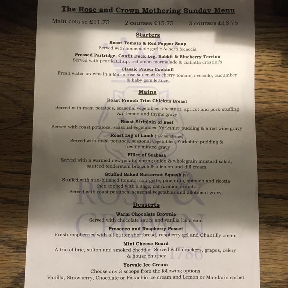 Menu at Rose and Crown pub & bar, York