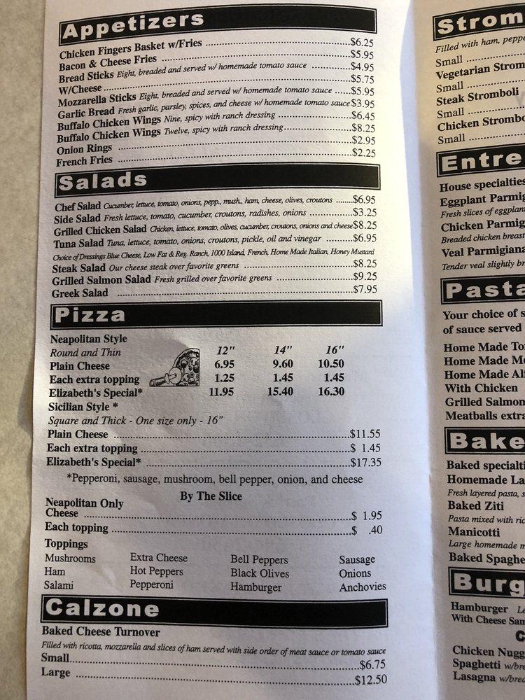 Menu at Elizabeth's Pizza pizzeria, Collinsville, Virginia Ave