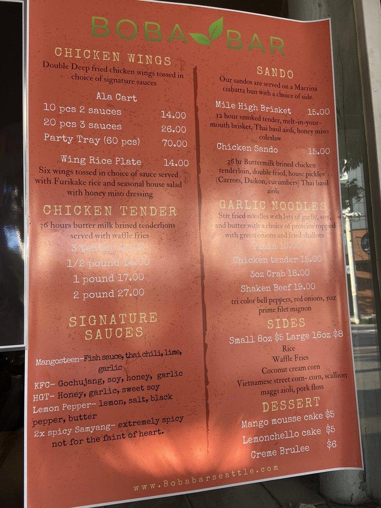 Menu at Mangosteen Boba Bar Seattle, Seattle