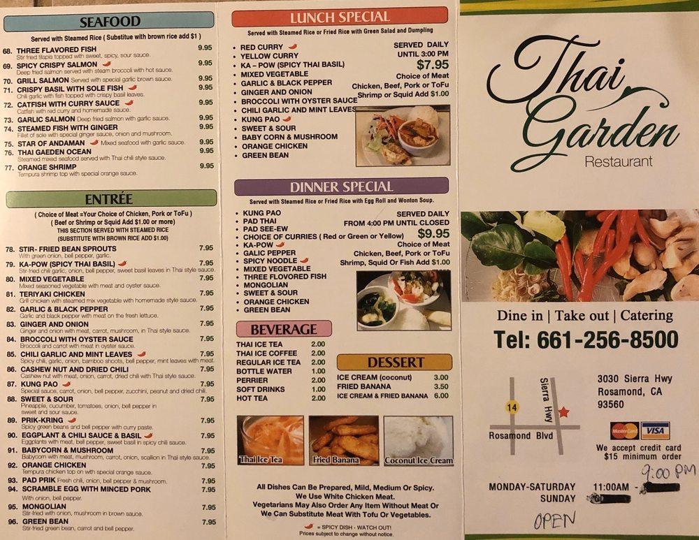 Menu at Thai Garden restaurant, Rosamond, Sierra Hwy