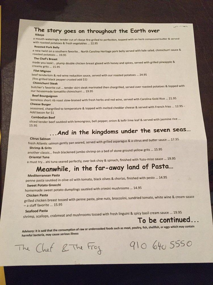 Menu at The Chef and the Frog restaurant, Whiteville
