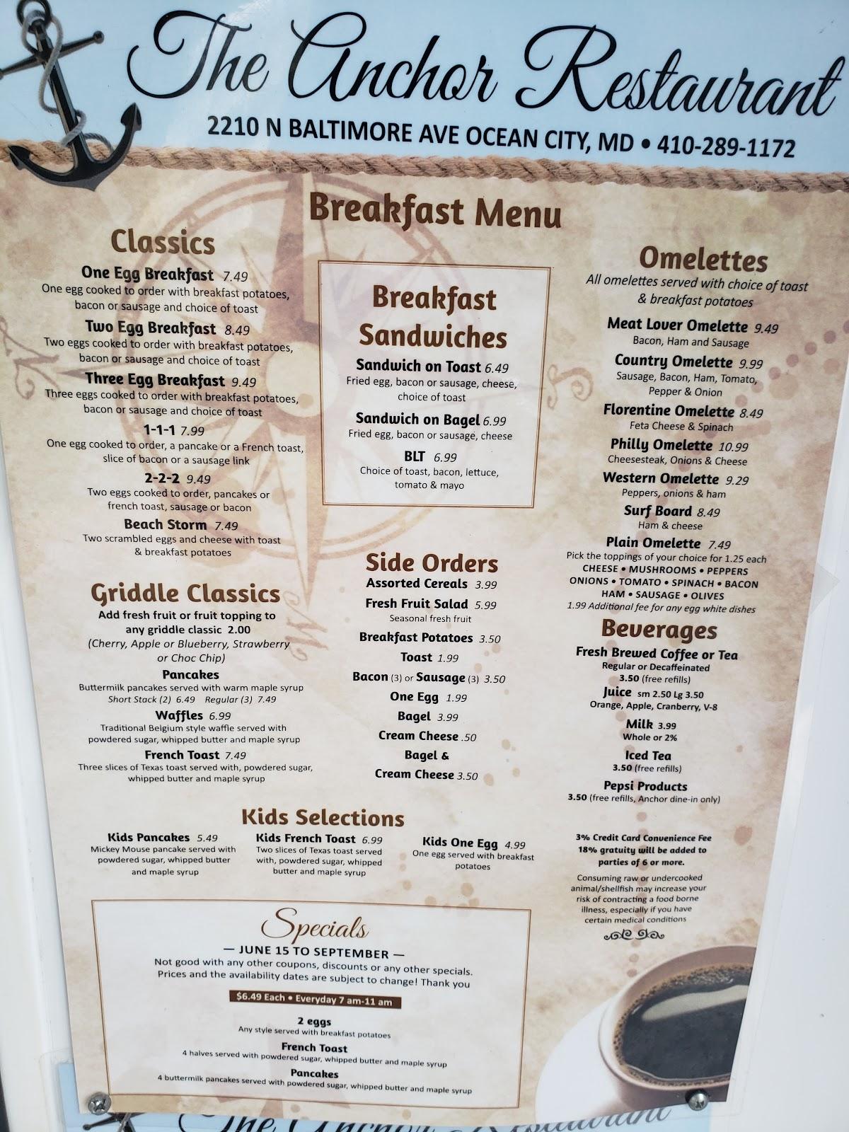 Menu at Anchor Restaurant, Ocean City