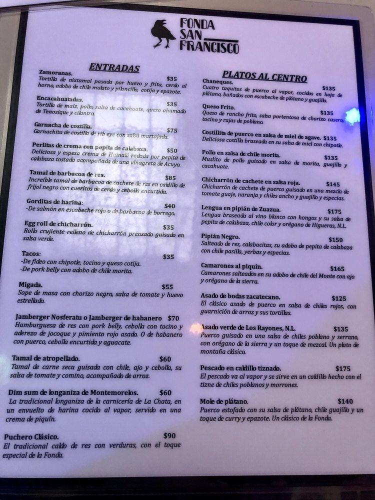 Menu at Fonda San Francisco restaurant, San Pedro Garza García, Manuel  González 115