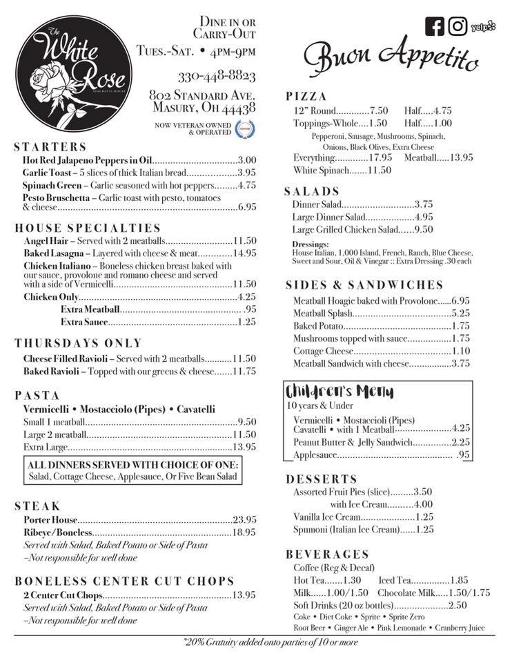 Menu at White Rose Spaghetti House pizzeria, Masury