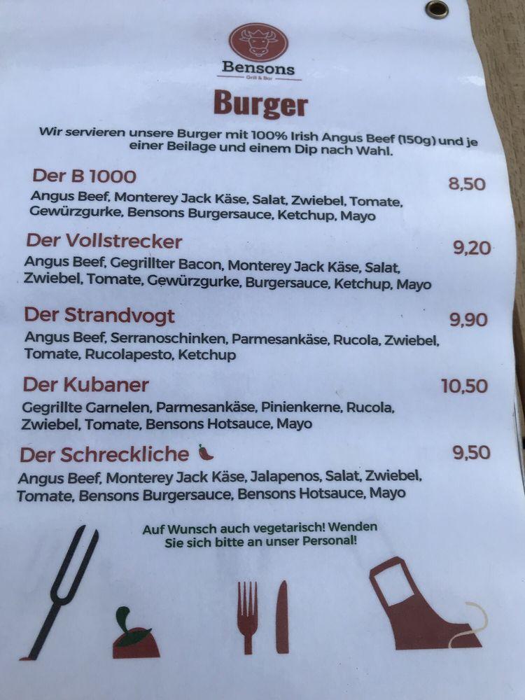 Speisekarte von Bensons Grill & Bar, Insel Poel