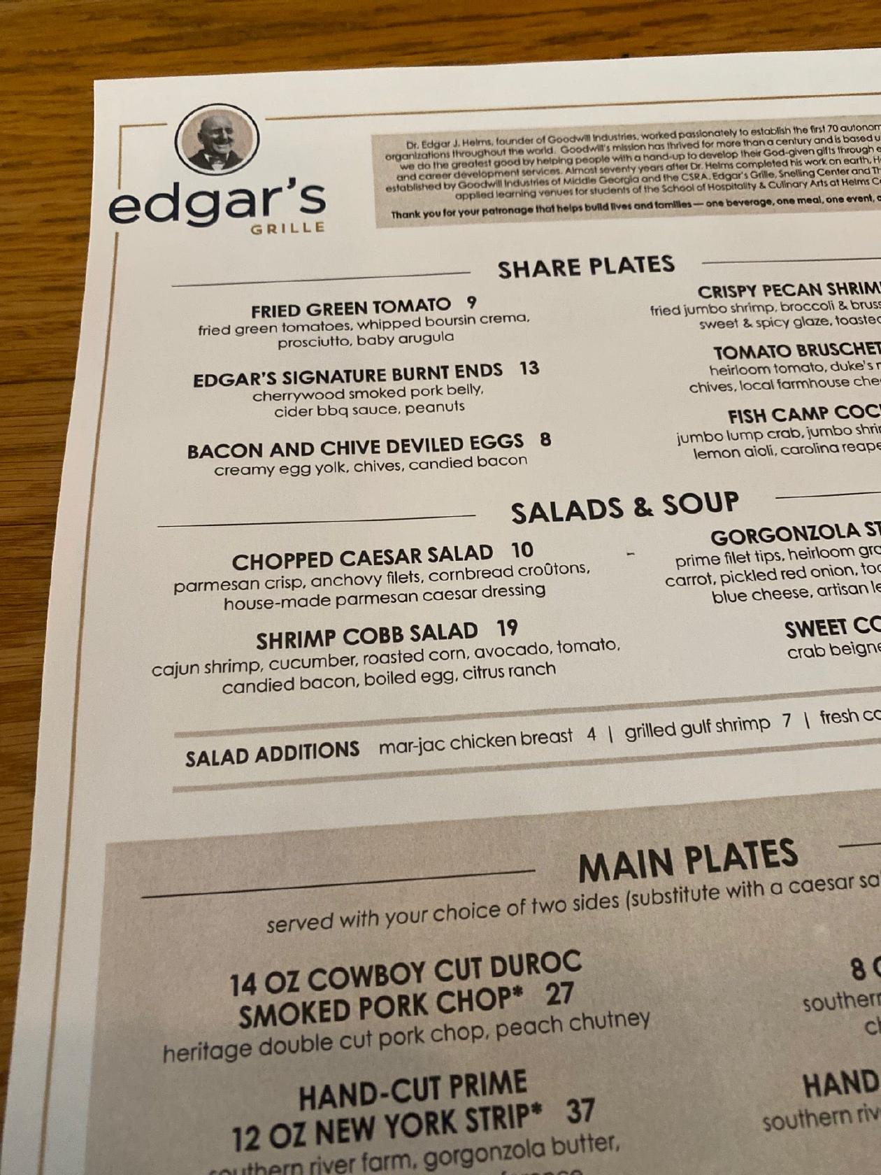 Menu at Edgar's Grille restaurant, Augusta