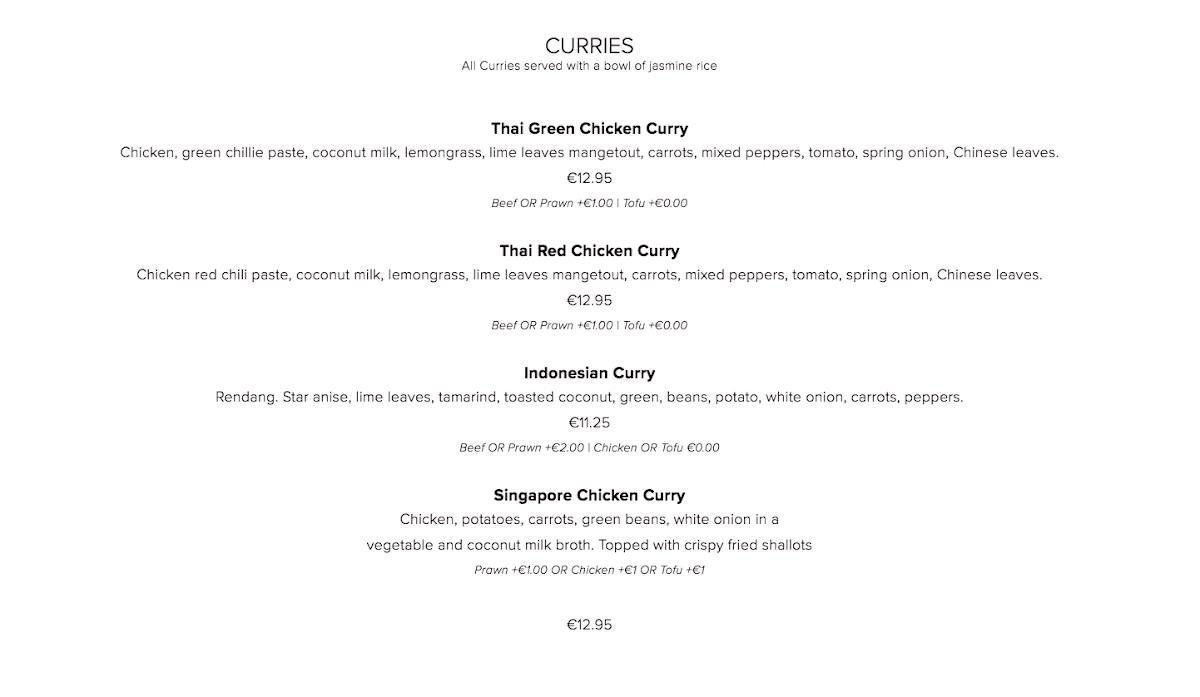 Menu at Toba Southeast Asian Restaurant, Killarney