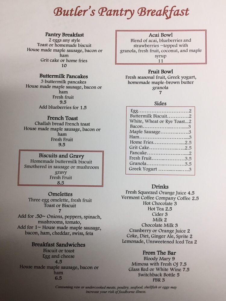 Menu at Butler's Pantry restaurant, Stowe