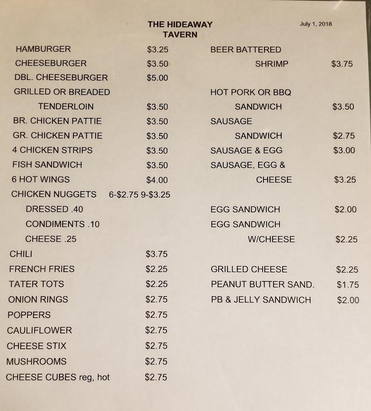 Menu at Hideaway Tavern pub & bar, Tell City