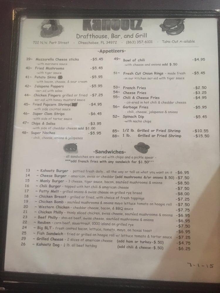 Menu at Kahootz Draft House pub & bar, Okeechobee