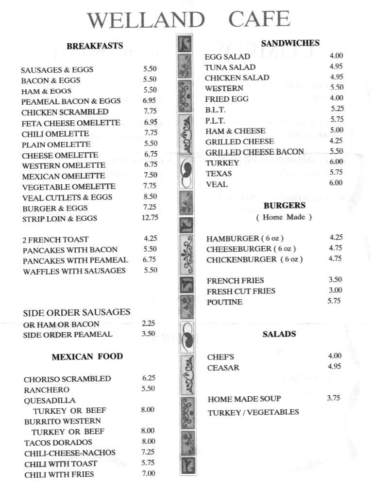 Menu at Welland Cafe, Welland