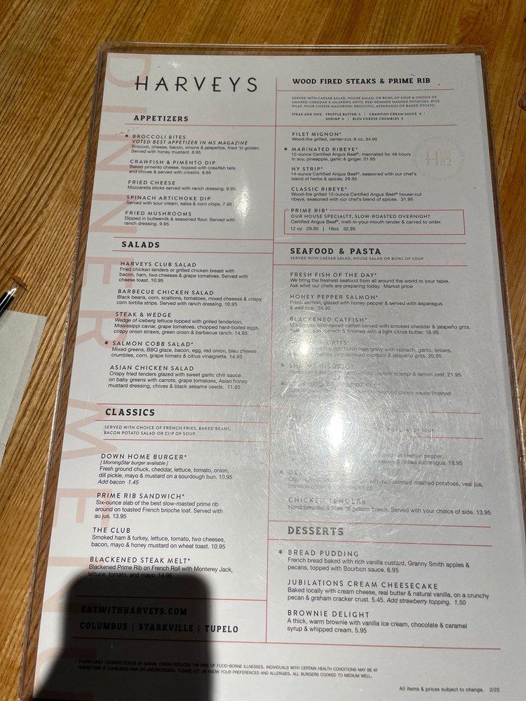 Menu at Harveys steakhouse, Columbus