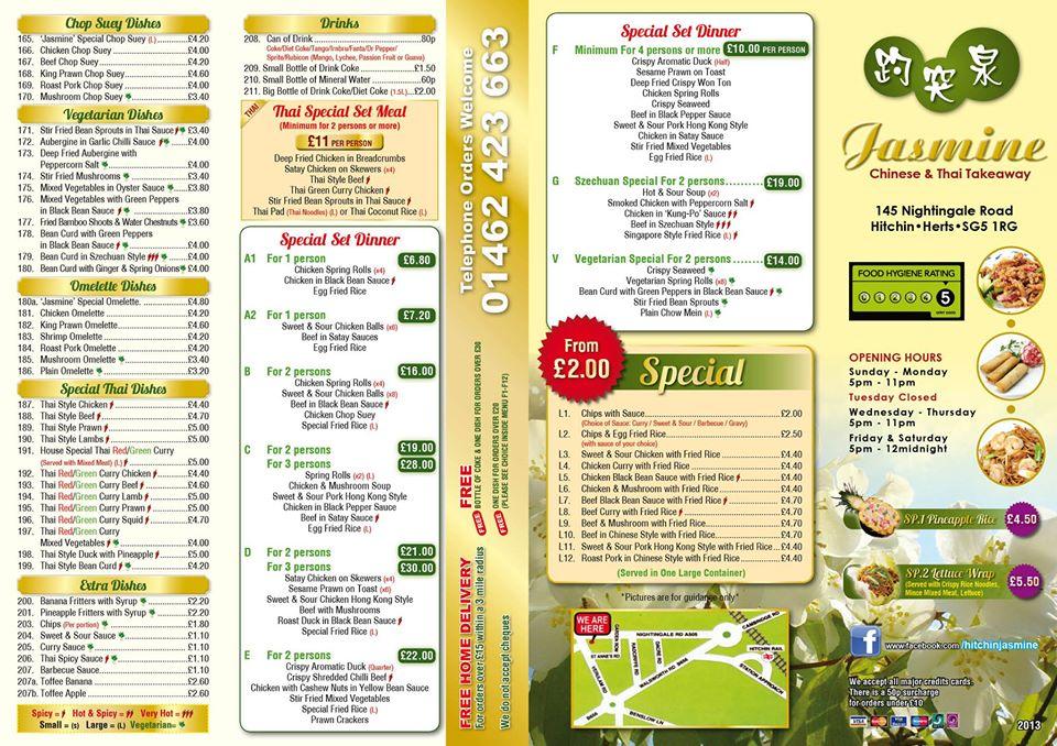 Menu at Jasmine restaurant, Hitchin
