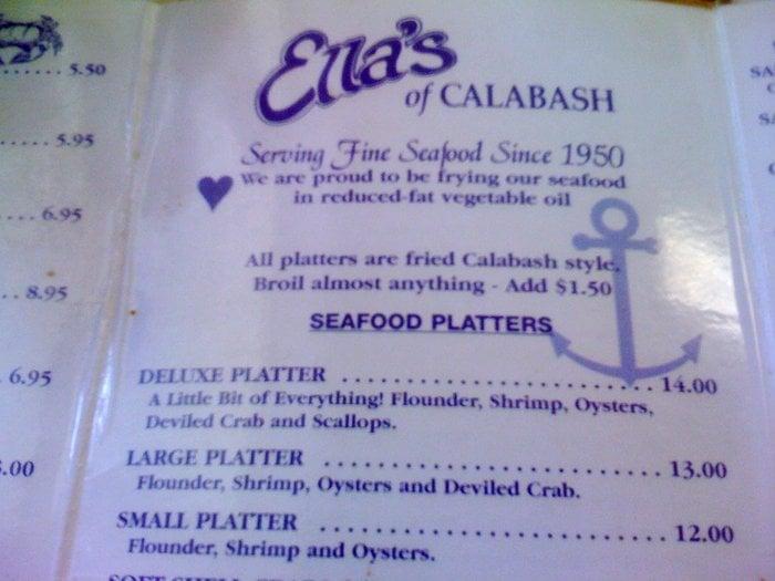 Menu at Ella's of Calabash restaurant, Calabash