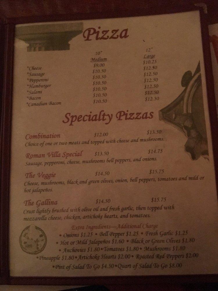 Menu at Roman Villa Pizza restaurant, Colorado Springs