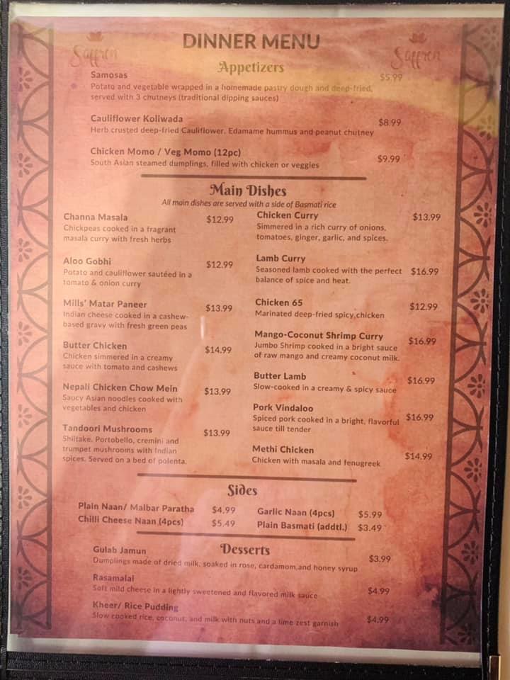 Menu at Saffron Twin Falls restaurant, Twin Falls