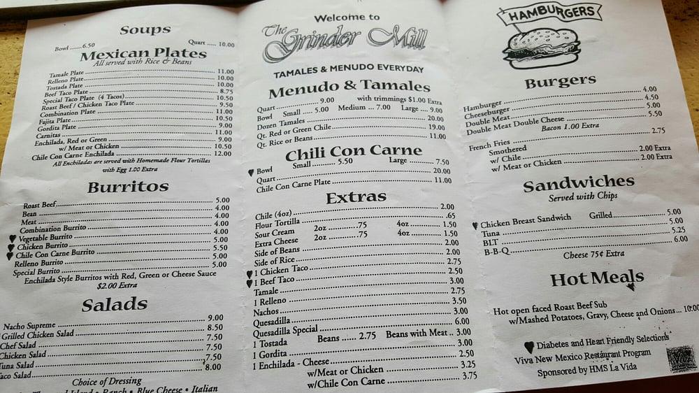 Menu at Grinder Mill restaurant, Silver City