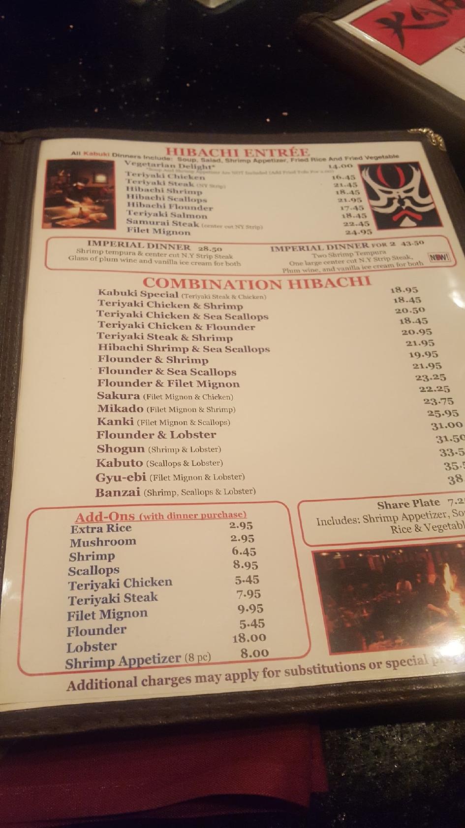 Menu at Kabuki Japanese Steak House restaurant, Roanoke