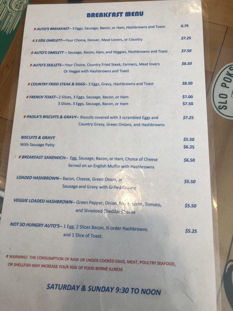 Menu at Auto's Pub, Vancouver