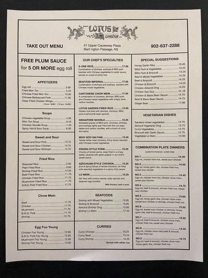Menu at Lotus Garden Restaurant Barrington, Barrington Passage