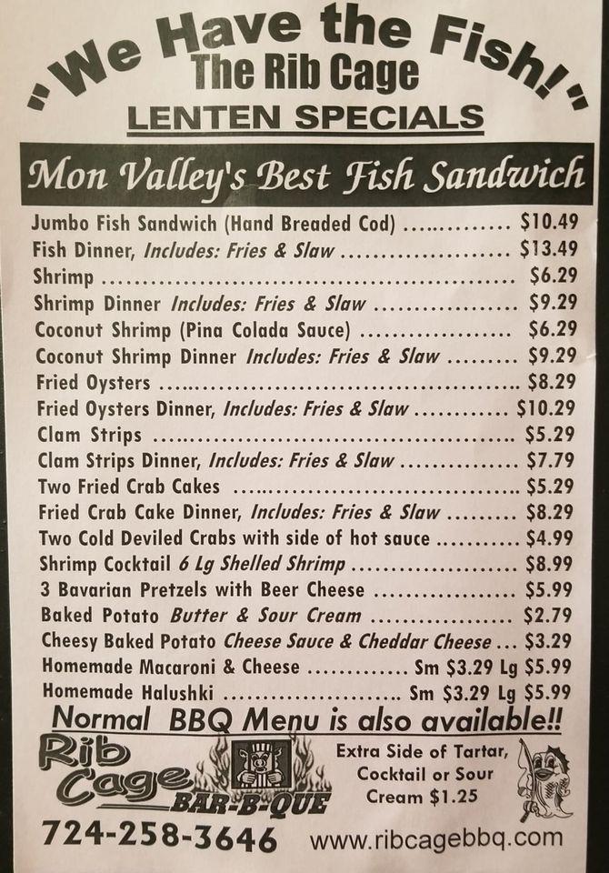 Menu at Rib Cage BBQ, Monongahela