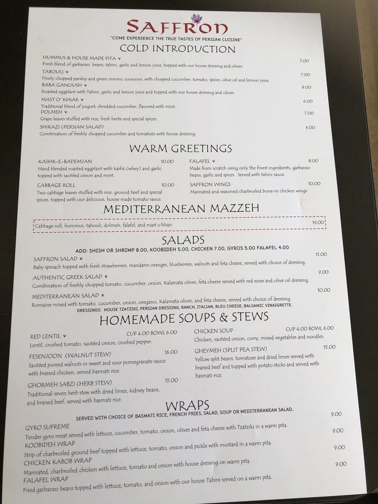 Menu at Saffron Mediterranean Cuisine restaurant, Tulsa