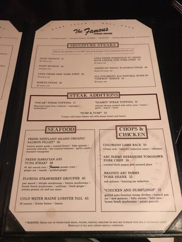 Menu at Famous Steak House steakhouse, Colorado Springs