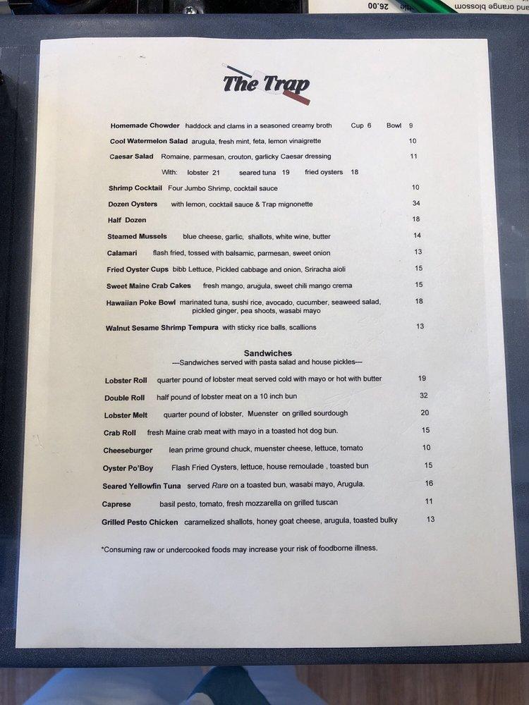 Menu at The Trap restaurant, Ogunquit