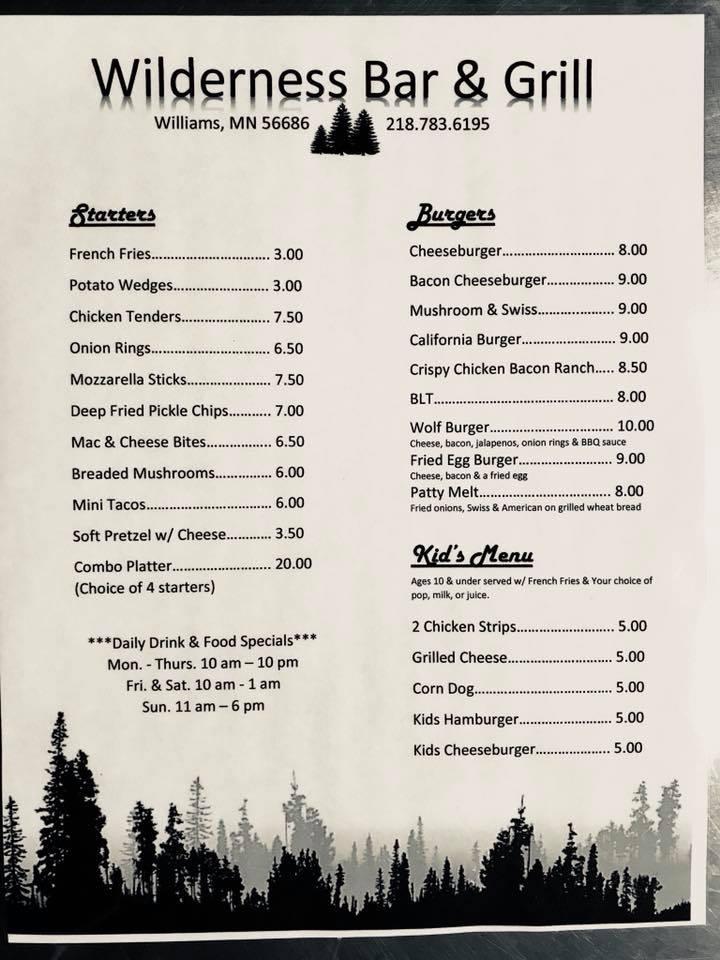 Menu at The Wilderness Bar & Grill, Williams