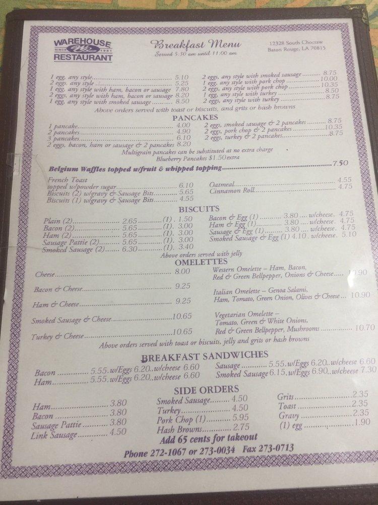 Menu at Warehouse Restaurant, Baton Rouge