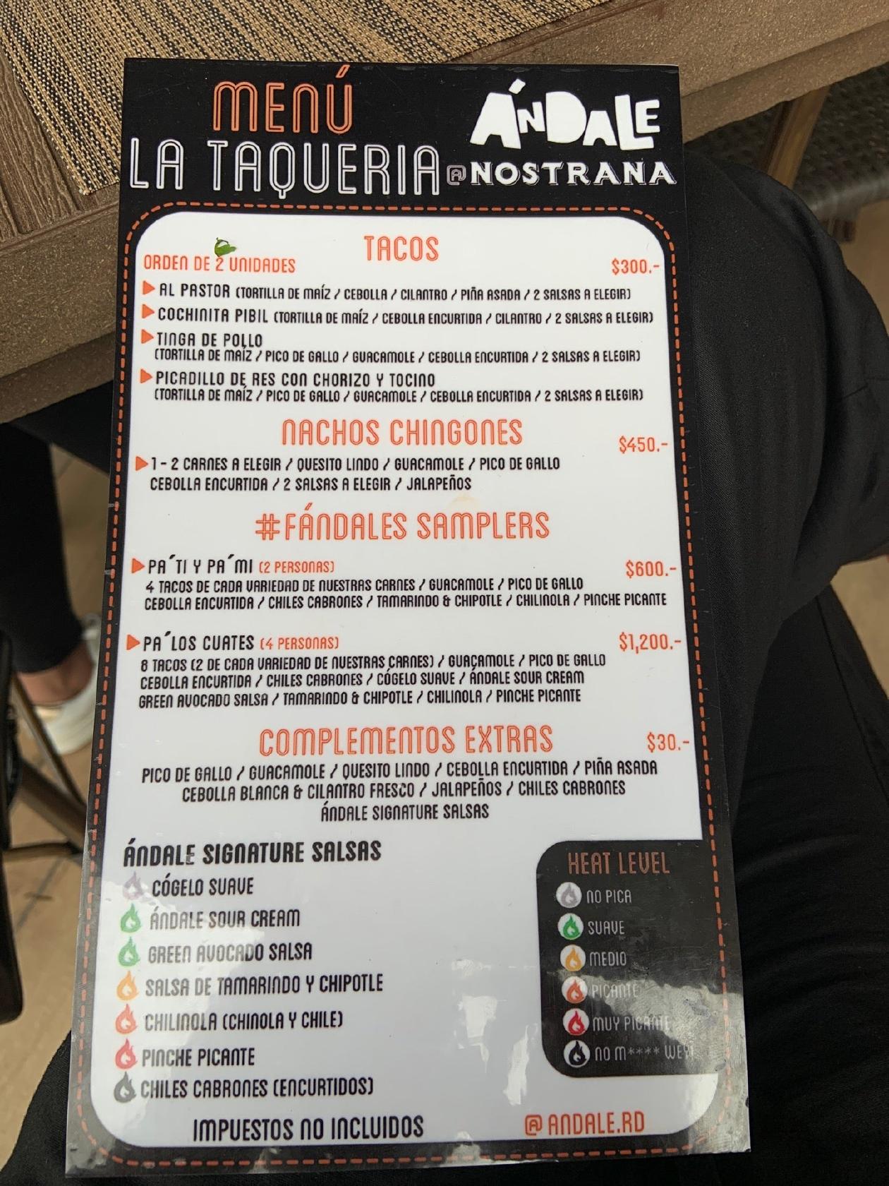 Menu at Andale La Taqueria restaurant, Santo Domingo